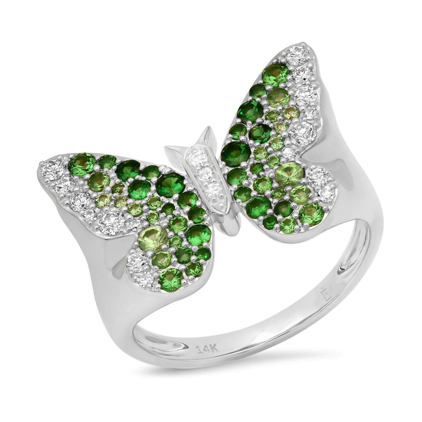 14k White Gold Green and Diamond Ombré Butterfly Signet Ring